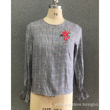 Polyester Women's Long-sleeve Dyed Round Neck Blouses